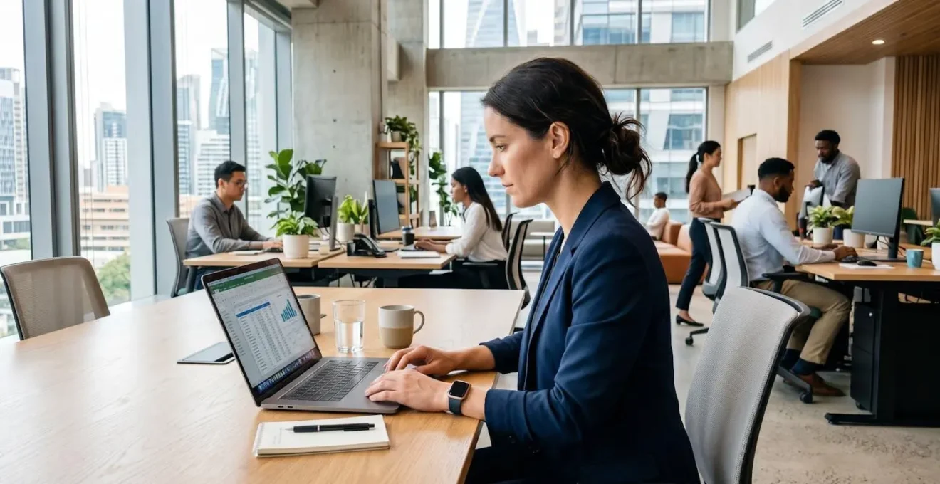 Un professionnel vu de dos travaille de manière concentrée sur son ordinateur portable dans un espace de travail ouvert et lumineux