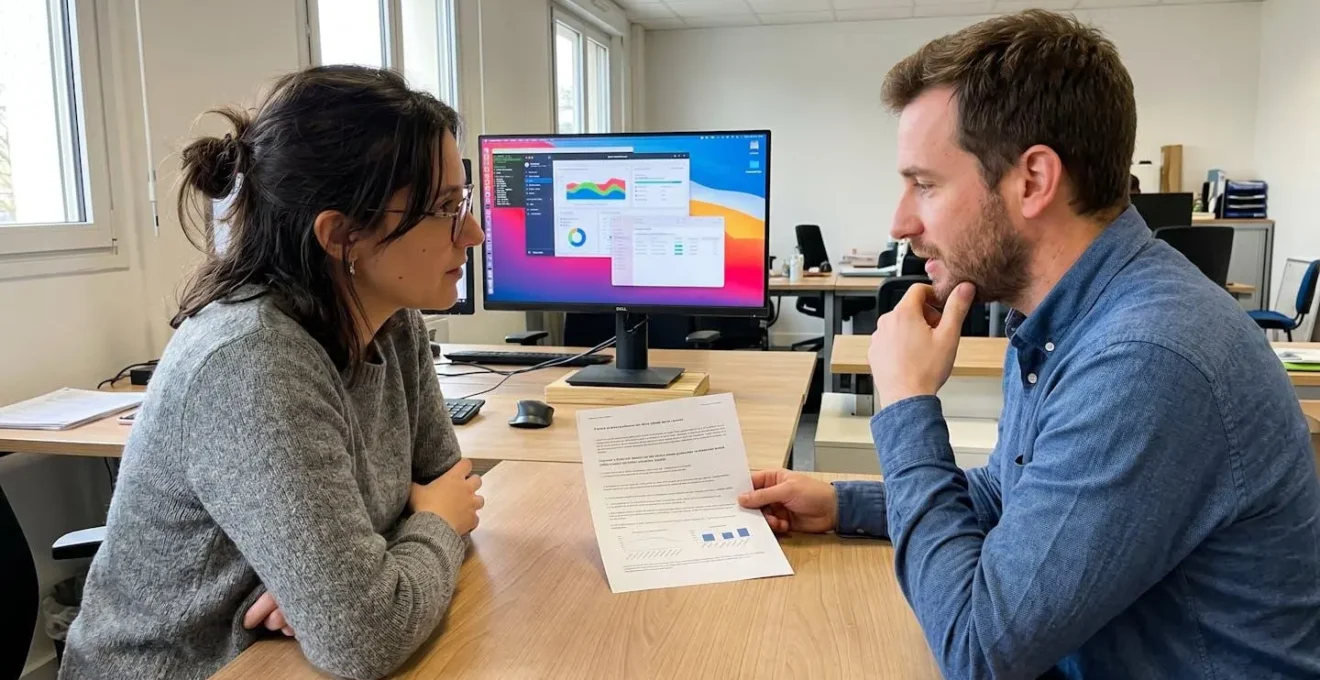 Deux professionnels assis côte à côte examinent ensemble un document contractuel posé sur un bureau contemporain