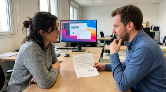 Deux professionnels assis côte à côte examinent ensemble un document contractuel posé sur un bureau contemporain